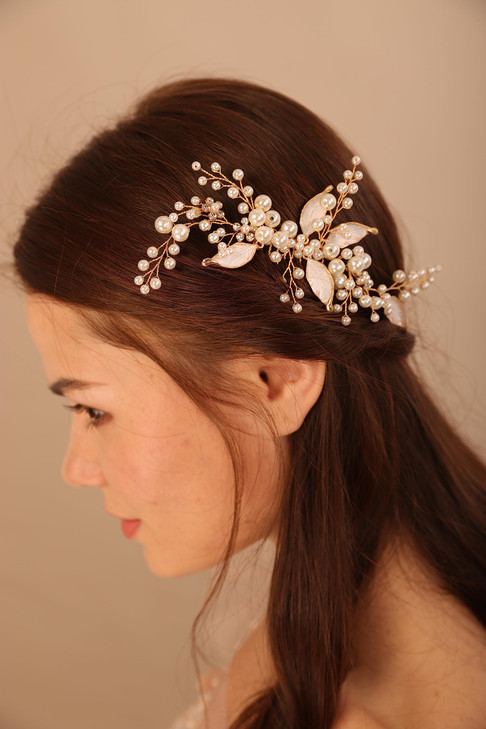 BERYUAN Gold Leaf Pearls Crystal Flowers Hair Comb, Women's Gold Bridal Hair Accessory for Wedding, Women and Girls