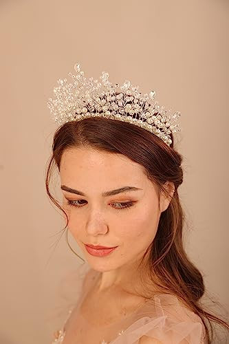 BERYUAN Women Bridal Crystal Pearls Crown Wedding Piece Silver Bride Headband Princess Headpiece for Brides Boho Hair Accessory for Women and Girls (