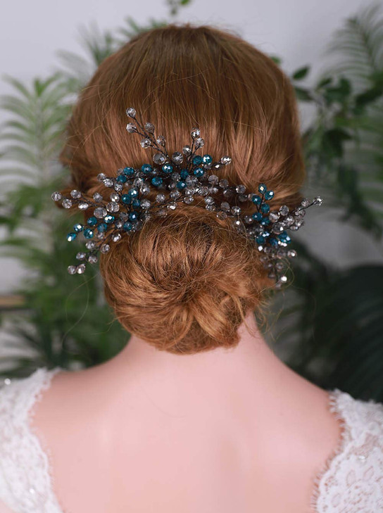 YERTTER Peacock Blue Bridal Hair Pins Set of 3 - Crystal Headpiece, Hair Clips for Women Brides