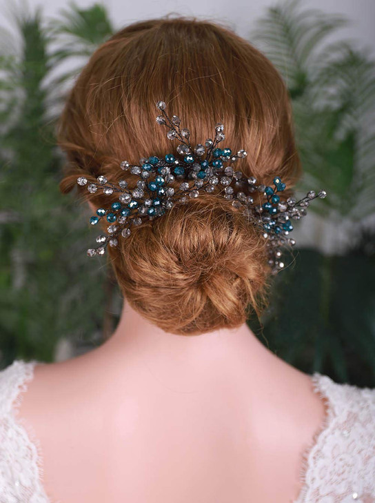 YERTTER Peacock Blue Bridal Hair Pins Set of 3 - Crystal Headpiece, Hair Clips for Women Brides