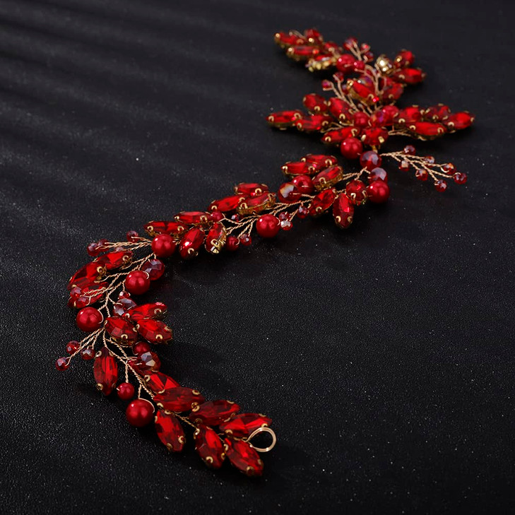 Teyglen Rhinestones Pearls Crystal Bridal Headband Hair Vine, Handmade Headpieces for Brides and Women (Red)