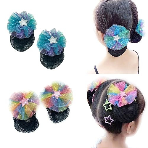 AsggBah 4pcs (2Pairs) Floral Bow Hair Clips Hair Barrettes with Colored Bows & Bun Covers for Girls Hair Net Accessories for Little Girls