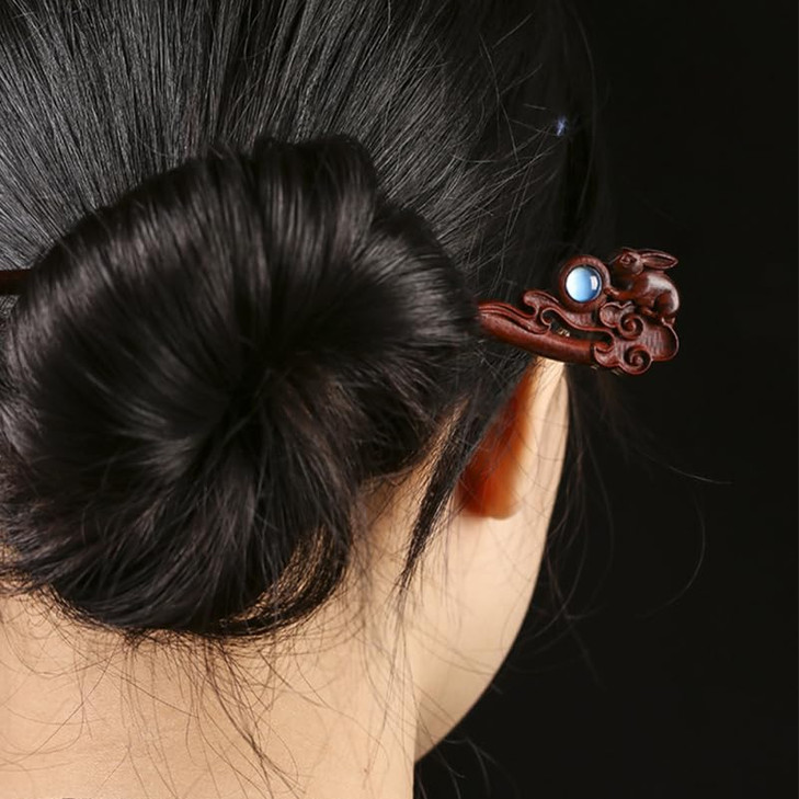 FOMIYES Rabbit Design Wood Hair Stick - Vintage Chinese Hair Pin for Updo, Hanfu, and Decoration - 7.87 Inch