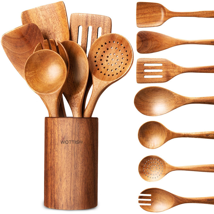 Wooden Spoons for Cooking - 8-Piece Wooden Kitchen Utensil Set made of Natural Solid Wood Material-Includes Spoons,Spatulas,Ladles,Mixing Spoon and U