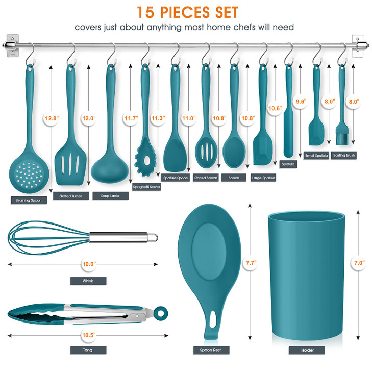 Teal Blue Kitchen Utensils Set, E-far 15-Piece Silicone Cooking Utensils with Holder, Non-stick Cookware Friendly & Heat Resistant, Includes Ladle Sp