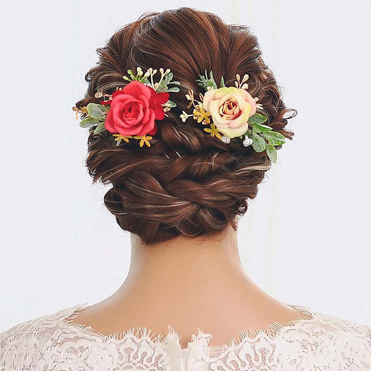 Campsis Wedding Flower Hair Pins Bride Red Floral Hair Piece Artificial Hair Accessorries Engagement Prom Party Beach Photography for Women and Girls