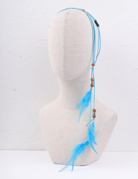 Jumwrit Boho Feather Headband Indian Hippie Gypsy Headpiece Blue Feather Tassel Headdress Hemp Rope Beaded Hairband Hair Accessories for Women and Gi