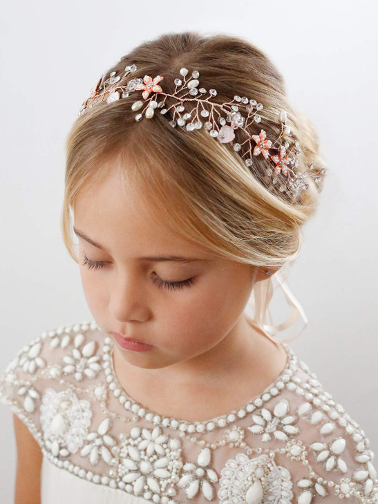 SWEETV Flower Girl Headband for Wedding, Baby's Breath Hair Piece, Rose Gold Headpiece for Birthday Party, Photography