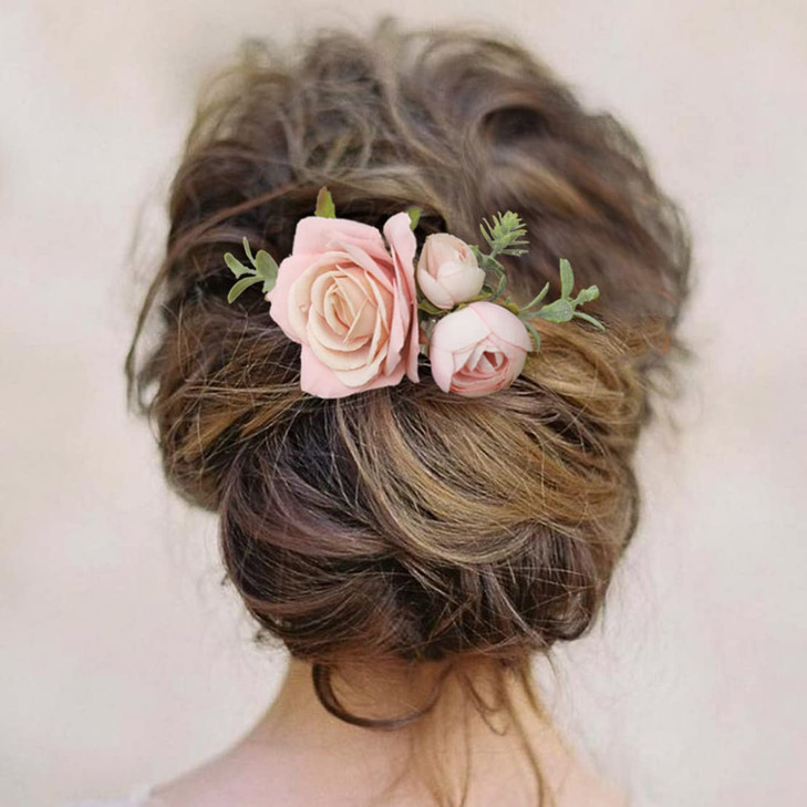 Fangsen Wedding Pink Rose Flower Hair Comb Spring Wedding Bridal Hair Accessory for Women and Girls Silver