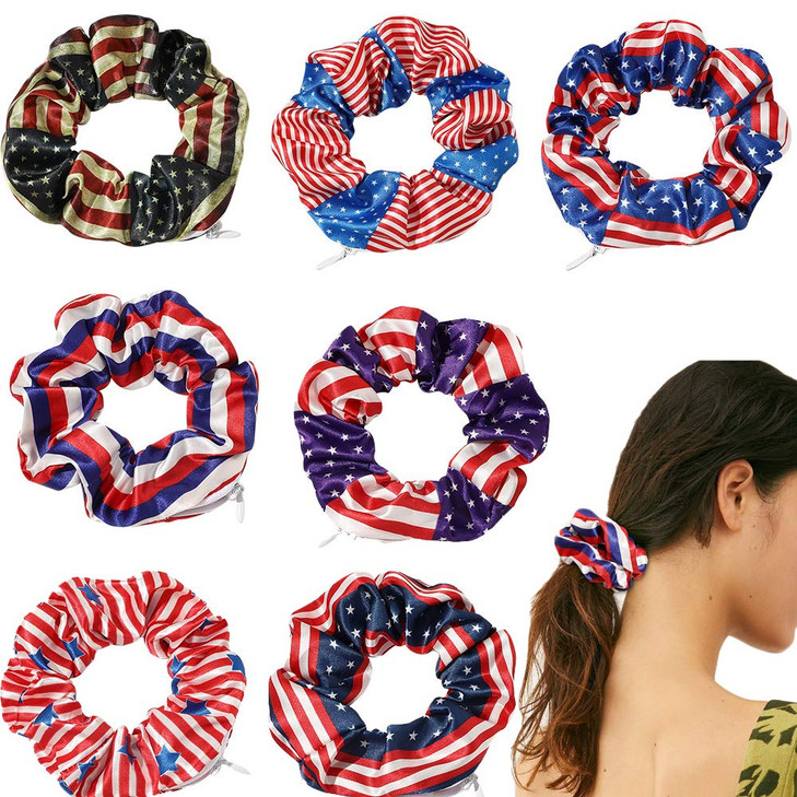 7 Pcs Independence Day Pocket Scrunchies for women Hair Ties with Hidden Zipper Stash Scrunchy Ponytail Holder (USA American Flag)
