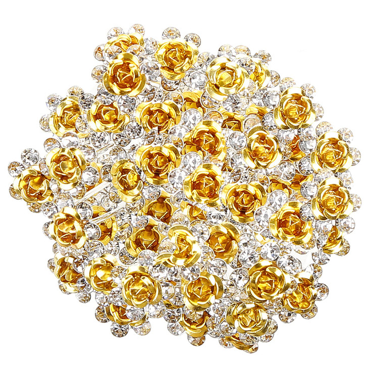 BETITETO 40 Pcs U-Shaped Flower Rhinestone Hair Pins Crystal Hair Accessories for Bridal Wedding Party Girls' Sweet Sixteen (Yellow)