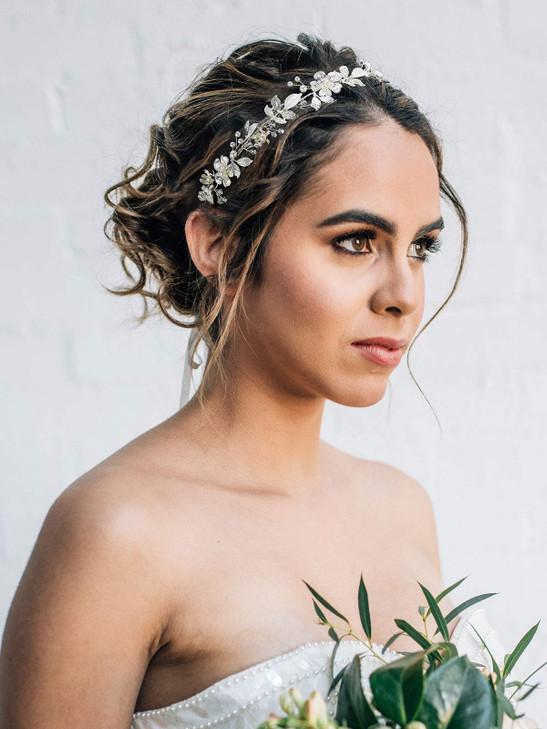 SWEETV Sliver Flower-Leaf Bridal Headpieces for Wedding Headband Bride Hair Pieces Crystal Flower Girl Hair Accessories