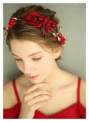 Chargances Wedding Bride Floral Red Headband Crystal Gold Hair Vine with Pearl Rhinestone Hair Accessory Boho Delicate Hair Piece Jewelry for Women a
