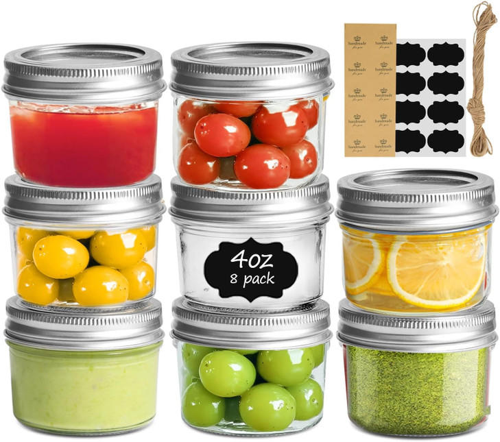 ComSaf Mini Mason Jars 4oz - 8 Pack, Regular Mouth Mason Jar with Lids and Seal Bands, Small Glass Canning Jar for Spice, Jam, Honey, Jelly, Dessert,