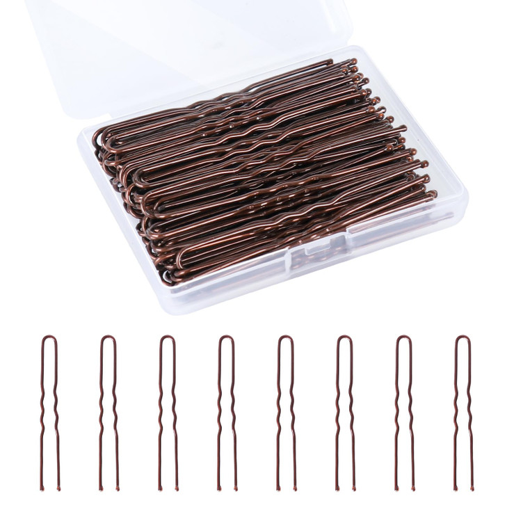 U Shaped Hair Pins, 100PCS 2.4inch Bun Hair Pins for Women Kids Girls Hairdressing Salon with Storage Box, for All Hair Types - Brown