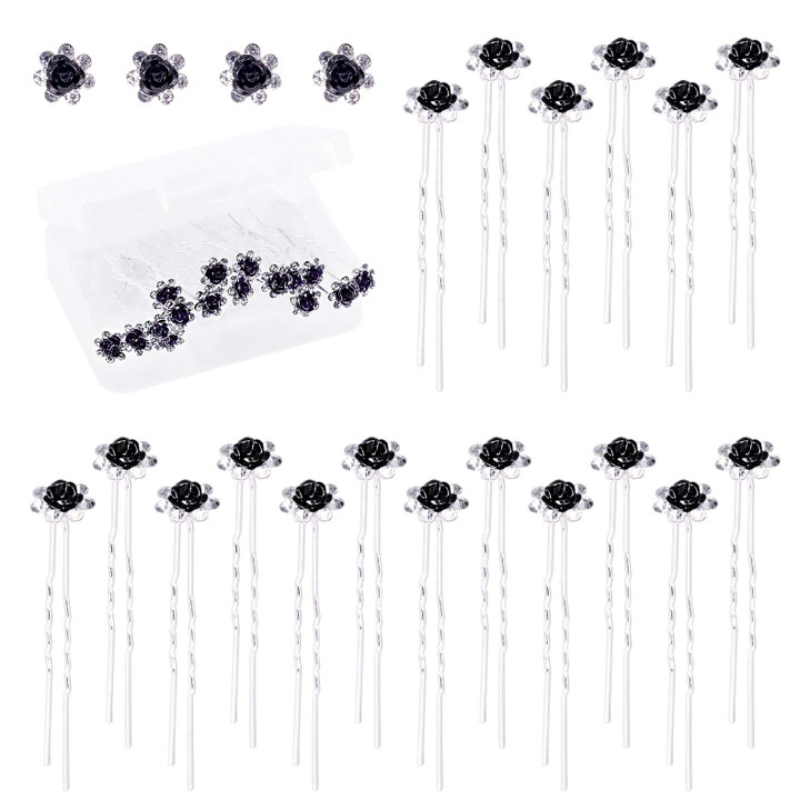Swpeet 40Pcs Black U-Shaped Crystal Hair Pins Rose Flower Rhinestone Hair Clips Hair Accessories for Bridal Wedding Women Hair Jewelry Accessories, w