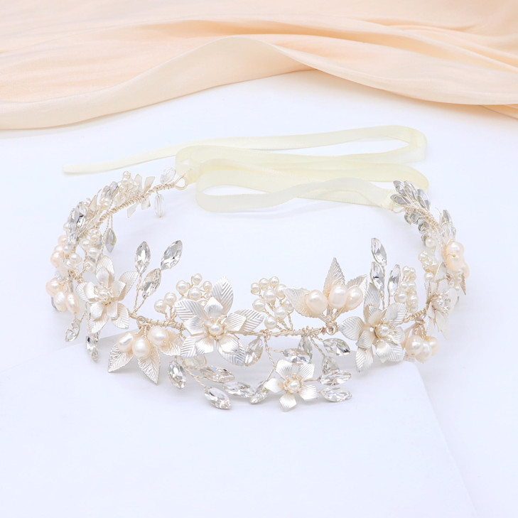 Oriamour Wedding Headband Bridal Headpiece Flower Design With Genuine Freshwater Pearls And Ribbons Hair Accessories For Bride (Silver)
