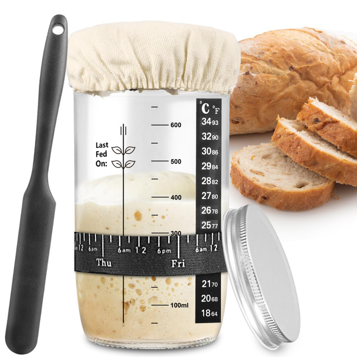 zunmial Sourdough Starter Jar, Sourdough Starter Kit with Date Marked Feeding Band, Thermometer, Cloth Cover & Metal Lid, Reusable Sourdough Bread Ba