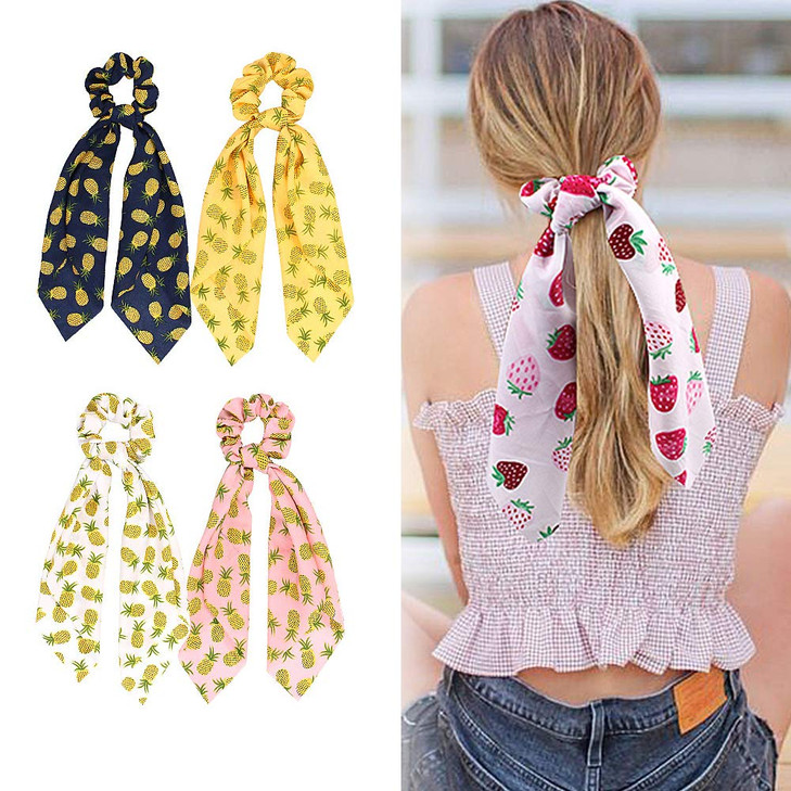 4 Pack Fruits Print Hair Scarf Scrunchies Strawberry Pineapple Hair Scarves Ponytail Holder Scrunchy Ties Chiffon Floral Scarf Scrunchies for Women (