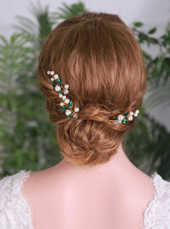 YERTTER 3 Pcs Hair Pins Green Crystal Pearl Bridal Hair Accessories for Bride and Bridesmaids Wedding Hair Piece