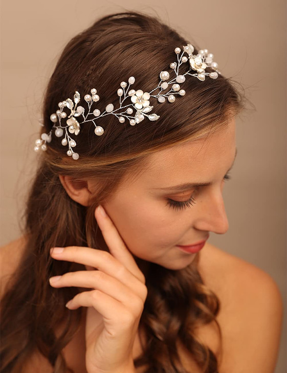 YERTTER Dainty Wedding Bridal Headband for Brides and Bridesmaids Hair Vine Band Opal Rhinestones Crystal Flower Floral Long Baby Breath Women Girl A