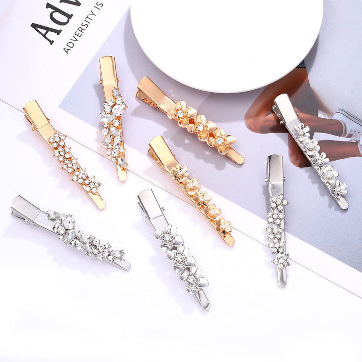 Rhinestone Alligator Hair Clips Duckbill Hairpins Flower Hair Barrettes for Women Hair Styling Tools Hair Accessories 4PCS (Silver)