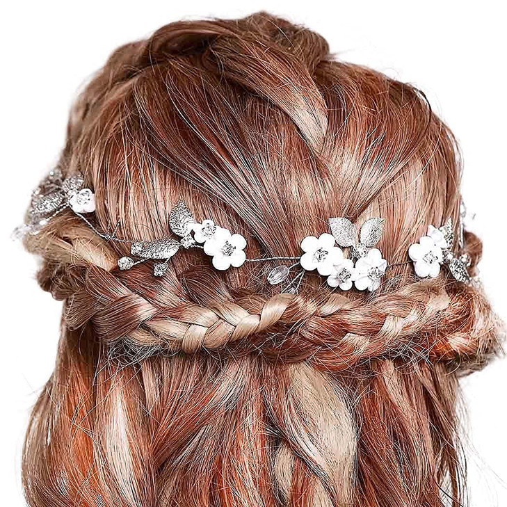 Campsis Wedding Bridal Flower Hair Vines Silver Rhinestone Handmade Hair Piece Crystal Leaf Hair Accessories Porm Birthday Party Show Photography for