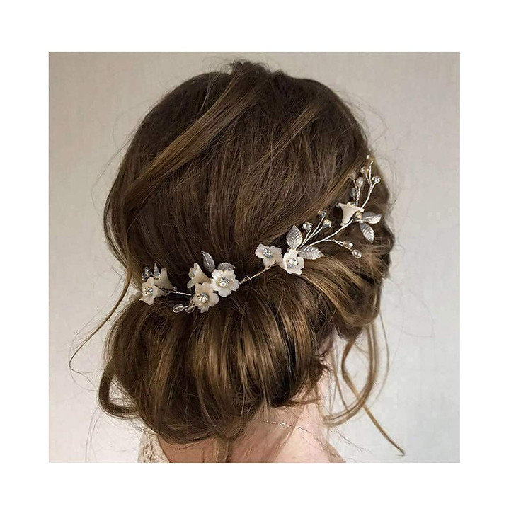 Campsis Wedding Bridal Flower Hair Vines Silver Rhinestone Handmade Hair Piece Crystal Leaf Hair Accessories Porm Birthday Party Show Photography for