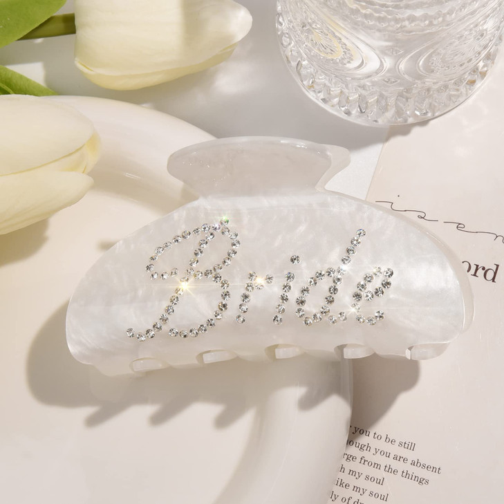 Bride Claw Hair Clip, Aileam White Acrylic Hair Clip Banana Barrettes, Rhinestone Bride Logo, Bachelorette Party Decorations Bridesmaid Gift Shower W