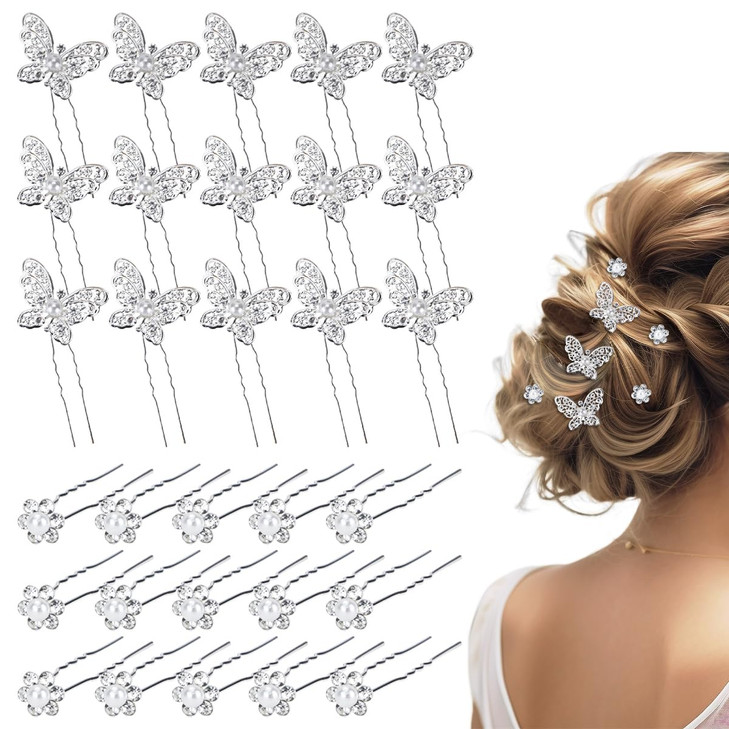 30Pcs Butterfly Wedding Hair Pins, FHDUSRYO Shiny Bridal Hair Clips, Crystal Pearl Butterfly Flower Hairpin, U Shaped Rhinestone Hair Barrettes, Wedd