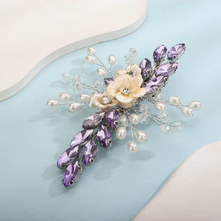 Xerling Light Purple Rhinestones Crystal Flower Hair Barrettes Clip Boho Bridal Pearl Hair Jewelry Accessories for Women Wedding Floral Headpieces (P