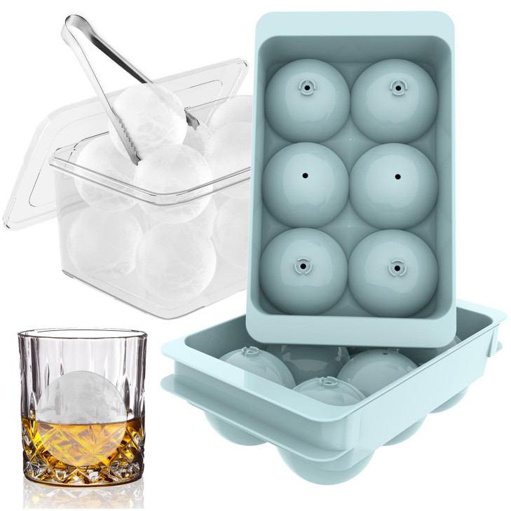 WIBIMEN Large Ice Cube Molds, Big Round Whiskey Ice Cube Trays for Freezer, Easy to Fill & Release, Whiskey Bourbon Cocktail(1.9In*6 Balls- Blue/2 Pa