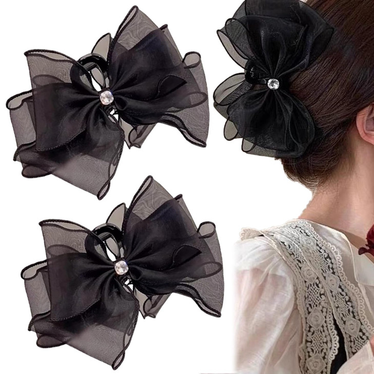 2 PCS Bow Hair Claw Clips Black Mesh Tulle Hair Clips With Diamond Large Sweet Hair Accessories Shark Clip Headwear Ponytail Holder for Thick Hair Wo