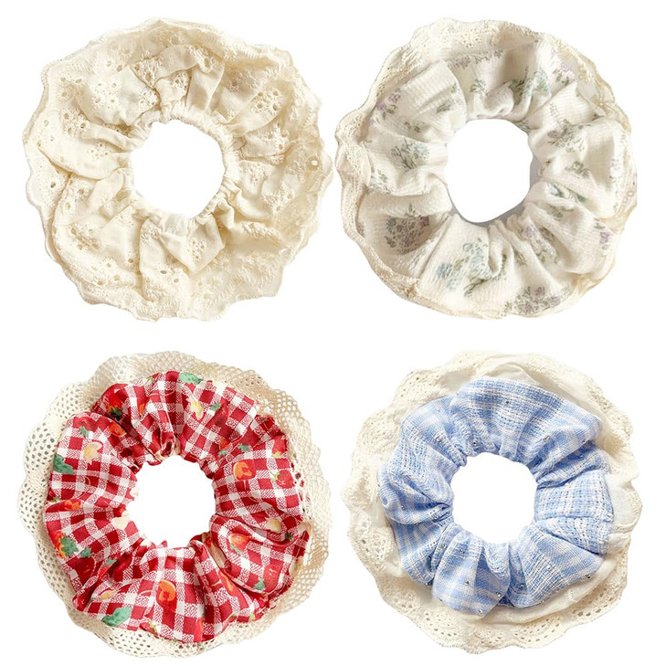 Cute Lace Plaid Hair Scrunchies for women, Lace Plaid Hair Ties Plaid Hair bands Scrunchies Ponytail Holders Floral Headbands Accessories for Girls