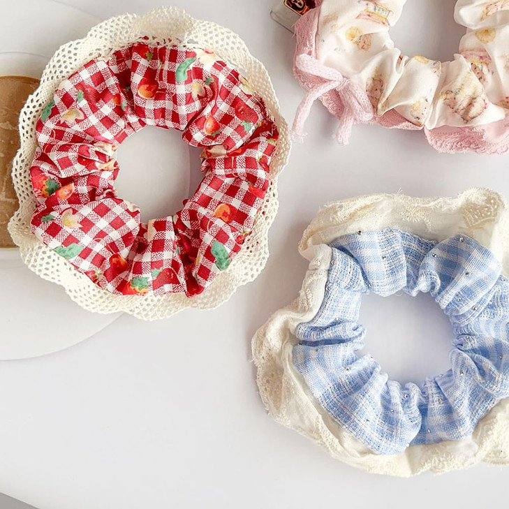 Cute Lace Plaid Hair Scrunchies for women, Lace Plaid Hair Ties Plaid Hair bands Scrunchies Ponytail Holders Floral Headbands Accessories for Girls