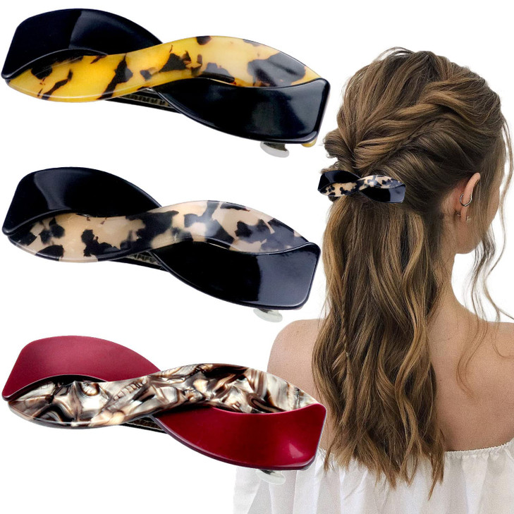 3 Pieces Hair Barrettes for Women, Medium Interweave Wider Hair Clips Hair Accessories for Thick Curly Fine Updo Hair (Leopard Print&Tortoise Shell&B