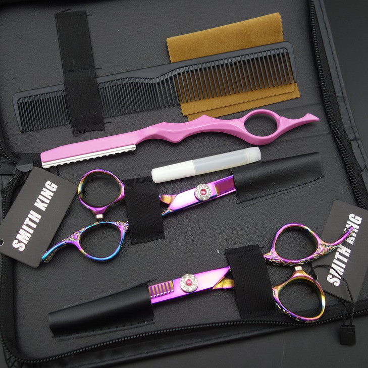 Professional Hair Cutting Scissors Set with Razor Comb Case,Hair cutting shears Hair Thinning shears with rose handle (5.5 inches)