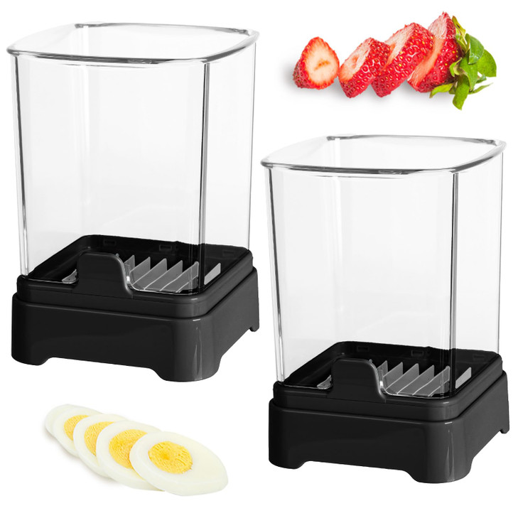 2 Pack Fruit Slicer Cup for Strawberry, Banana, Hard-Boiled Egg - Detachable Cutter with Push Plate - Rapid & Safe Slicing Kitchen Gadget for Quick M