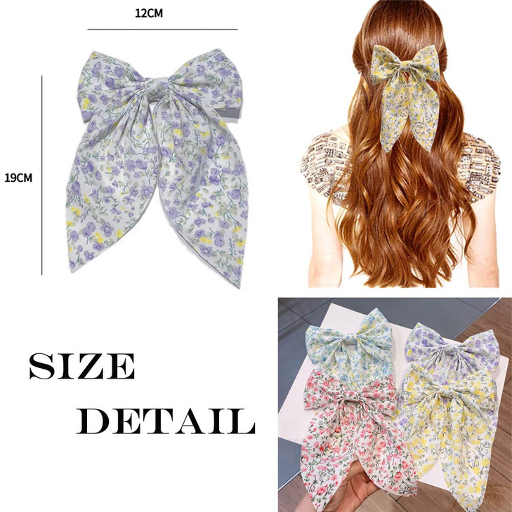 SALOCY Chiffon Hair Bows for Women Girls,4 PCS Barrette Hair Clip Long Black Ribbon Bows French Style Hair Accessories for Summer (Pink,Yellow,Blue,P
