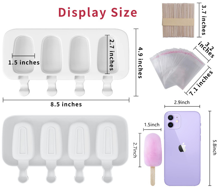 Popsicle Molds Set of 3, 12 Cavities Silicone Popsicle Molds & Ice Cake Pop Mold Maker Oval with 50 Wooden Sticks & 50 Self-adhesive Bags for DIY Cak