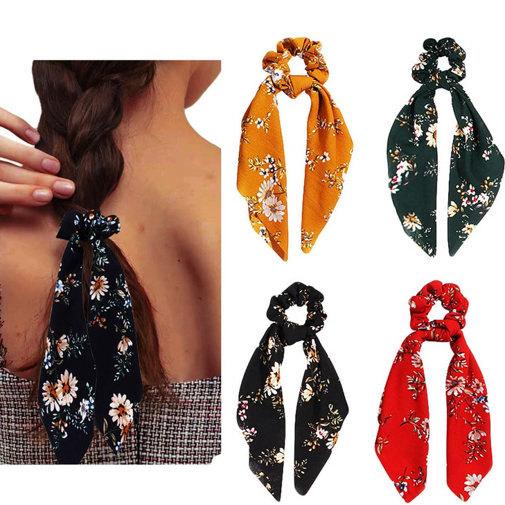5 PCS Chiffon Hair Scrunchies, Hair Scarf with Flower Pattern, Floral Hair Bobbles Vintage Accessories for Women Girls (Floral Scarf Scrunchies)
