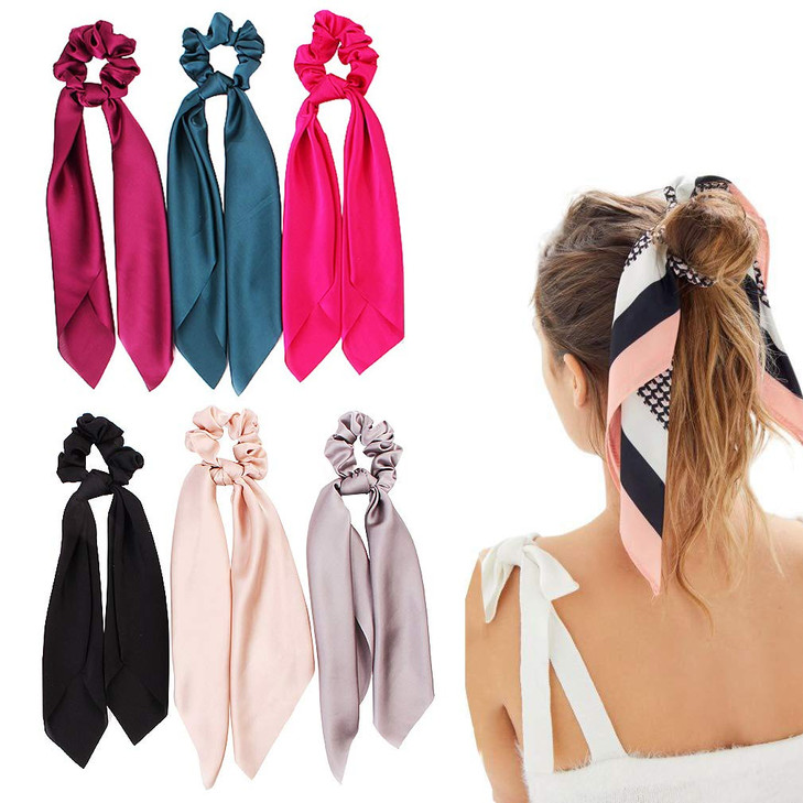Silk Satin Hair Scrunchies, Hair Scarf with Bow Silk Elastic Hair Bands, Stripe Printed Hair Bobbles for Ponytail Holder (6 Pcs Solid Colors)