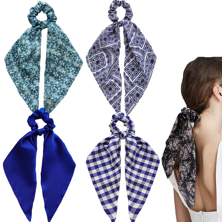 Blue Hair Scarf Scruncheis for Women Girls, Bowknot Scrunchies for Hair, Chiffon Floral Scrunchie Long Hair Bands Ties Ponytail Holder (4PCS Floral a