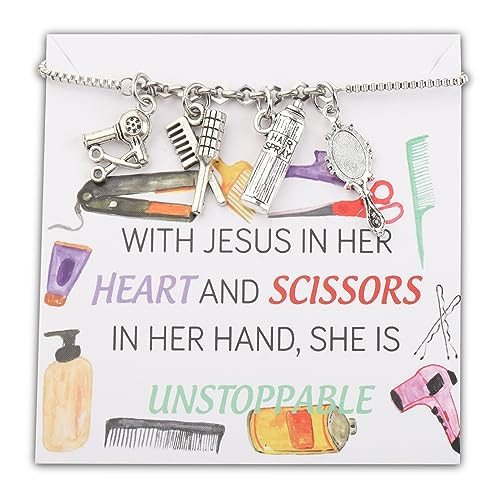 PLITI Hairstylist Bracelet Hairdresser Appreciation Gift Cosmetology Graduation Gift For Hair Barber Beautician Gift (Jesus Scissors slide bg)