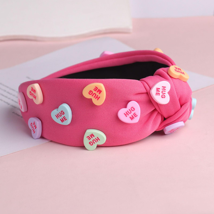 HIFANMM Valentines Day Headbands Rose Red Knotted Heart Hair Bands for Women Girls, Hearts Candy Charm Hair Accessories, Non Slip Wide Top Knot Fashi