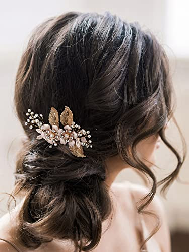 SWEETV Gold Wedding Hair Comb-Handmade Bridal Hair Clip Wedding Hair Accessories for Women