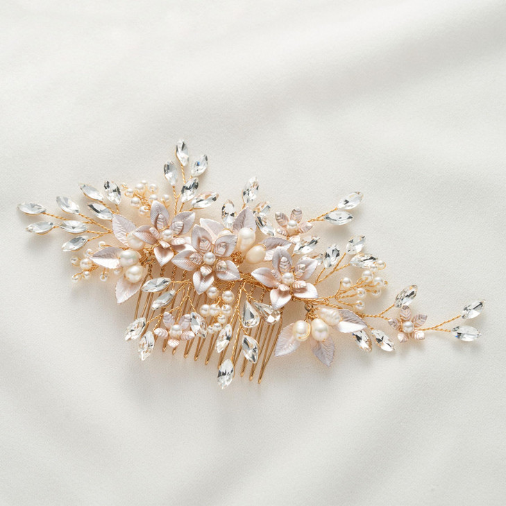 SWEETV Handmade Wedding Hair Comb,Pearl Flower Bridal Hair Clip Hair Accessories for Women Wedding