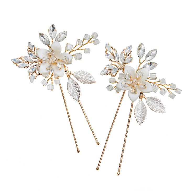 SWEETV 2Pcs Handmade Wedding Hair Pins,Flower Bridal Hair Pin-Beaded Wedding Hair Accessories for Brides
