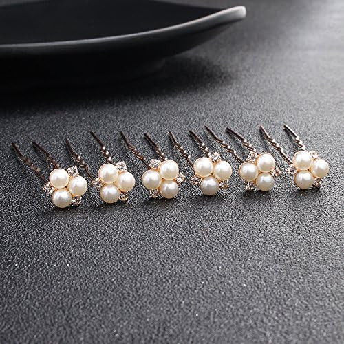 Kercisbeauty Wedding Pearl Hair Pins for Brides Bridal Rhinestones Updos Hair Piece Bridesmaid Hair Accessory (Set of 6)(Rose Gold)