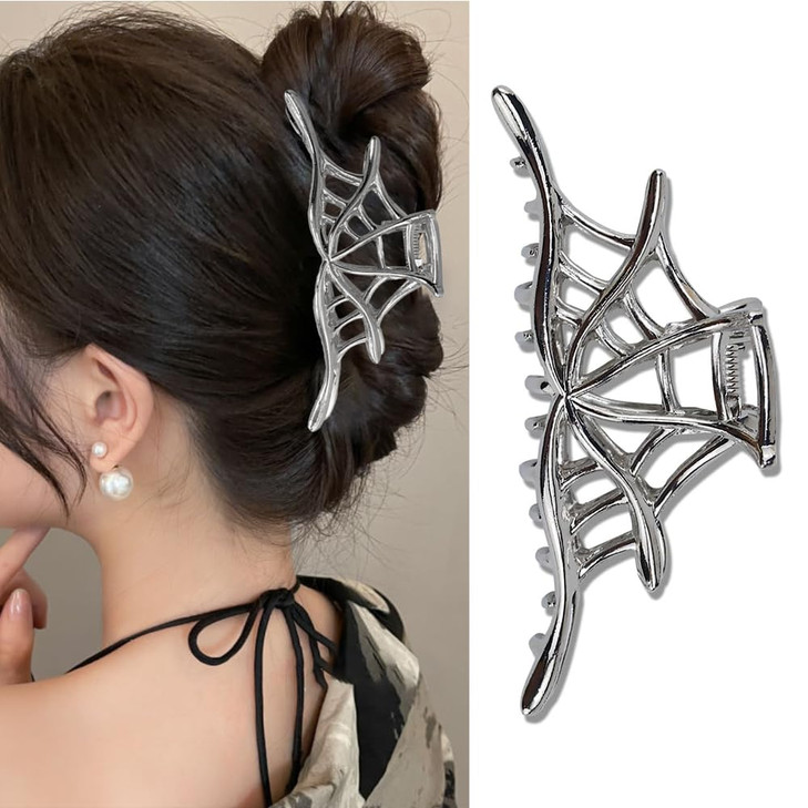 Metal Silver Hair Clips for Women Spider Web Hair Accessories for Thick Hair Gothic Hair Barrettes for Hair Style Nonslip Hair Clamp Wedding Thanksgi